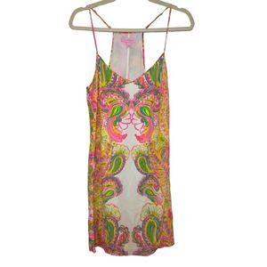 Lilly Pulitzer Pink Green Yellow Paisley Strappy Mini Silk Sundress Dress
